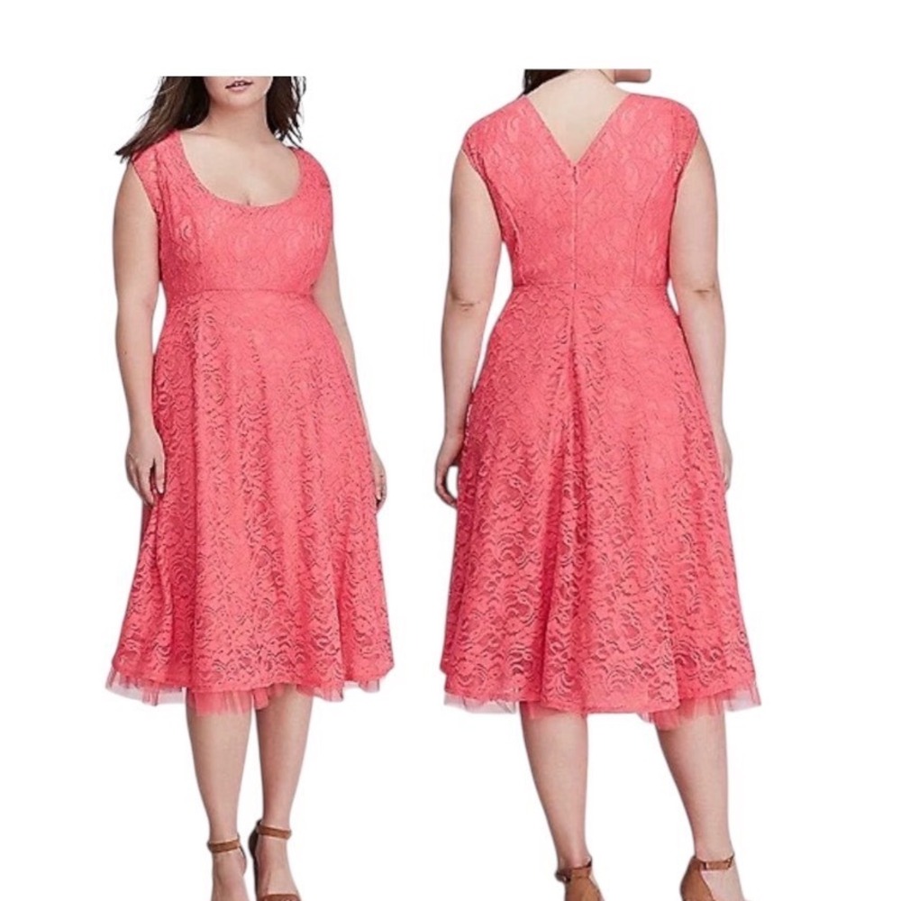 Lane Bryant Lace Fit & Flare Dress Womens 14/16 Coral Pink Tulle Trim